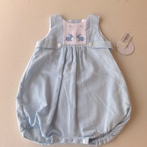 NWT Edgehill Linen Baby Blue Bunny Bubble Romper 12 Months with Smocking